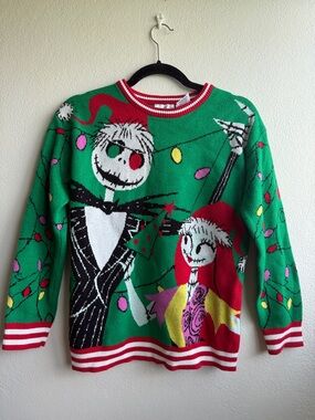 Disney Green Crewneck Sweater with Jack Skellington and Sally Holiday Graphic